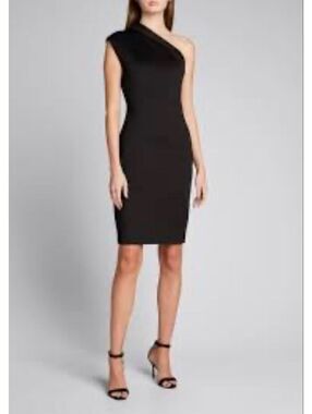 NWOT Badgley Mischka Black Scuba Dress 2 Knee Length One-Shoulder Classy Wedding